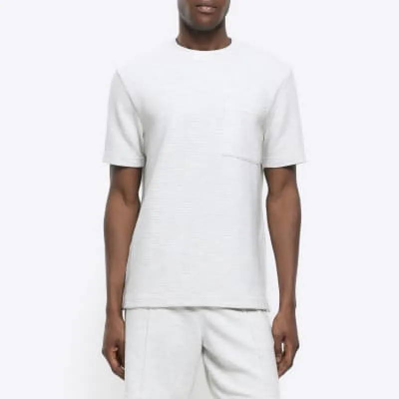 Grey slim fit textured pocket t-shirt sold by River Island