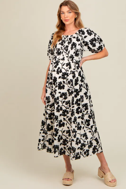 Ivory Floral Smocked Maternity Midi Dress sold by Pinkblush