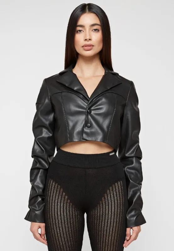 Tacked Leather Cropped Jacket - Black | Parallel