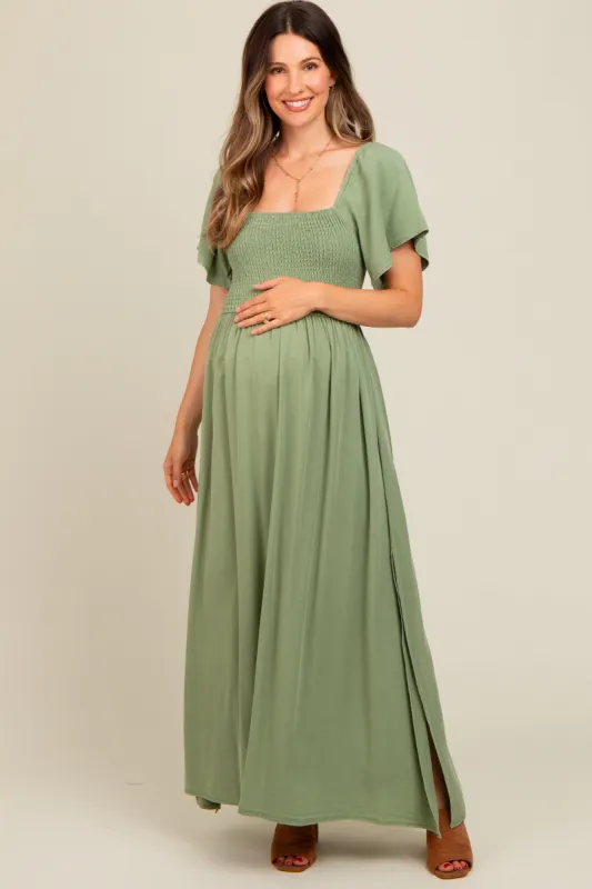 Light Olive Chambray Smocked Maternity Maxi Dress sold by Pinkblush