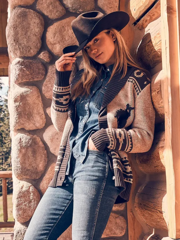 WRANGLER WOMENS RETRO DESERT CARDIGAN IN CHOCOLATE sold by Bridle Path Tack Shop