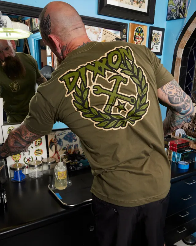 Party Crest T-Shirt - O.D. Green & Tan sold by Dixxon