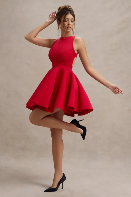 Waverly | Red Racer-Neck Sleeveless Skater Mini Dress | Parallel