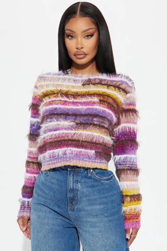 Calista Striped Fuzzy Sweater - Purple/combo sold by Fashion Nova