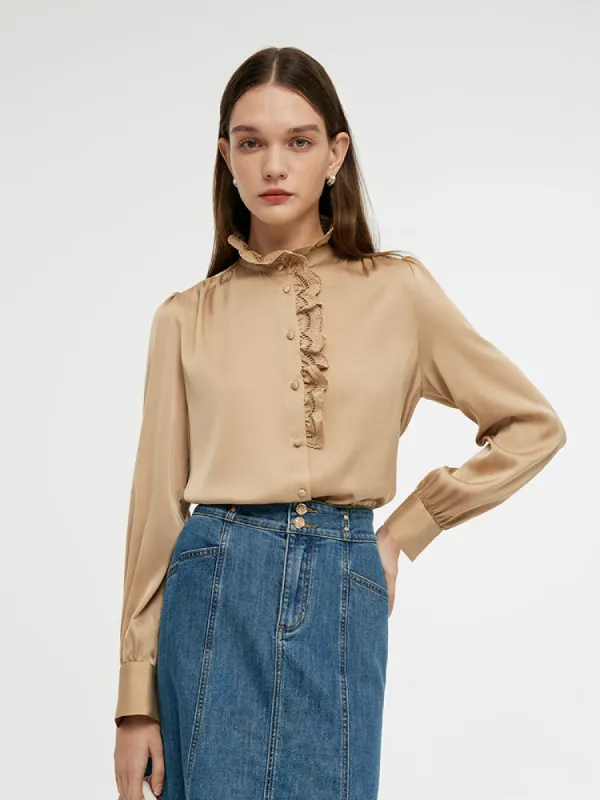 19 Momme Mulberry Silk Ruffle Stand Collared Women Shirt sold by Goelia