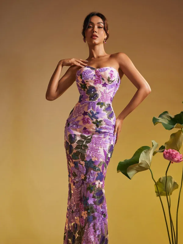 Nakoa Strapless Sequin Embroidered Maxi Dress In Purple sold by Mew Mews