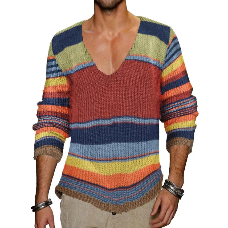 Men's Vintage Rainbow Stripe V-Neck Knit Sweater 10689080X sold by Manly