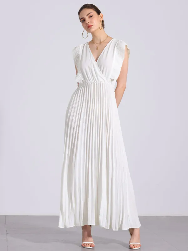 V Neck Short Sleeves Lace-Up Belted Pleated Maxi Dress sold by Allegra K
