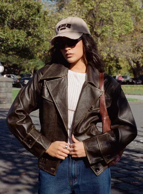 Nicolie Faux Leather Jacket Vintage Washed Brown sold by Princess Polly