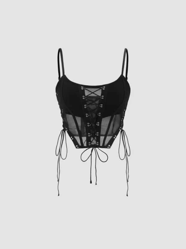 Mesh Scoop Neckline Solid Corset Lace Up Cami Crop Top sold by Cider