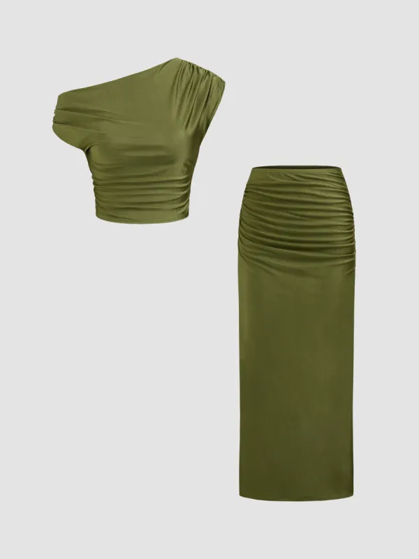 Asymmetrical Neck Solid Ruched Top With High Rise Solid Ruched Maxi Skirt sold by Cider