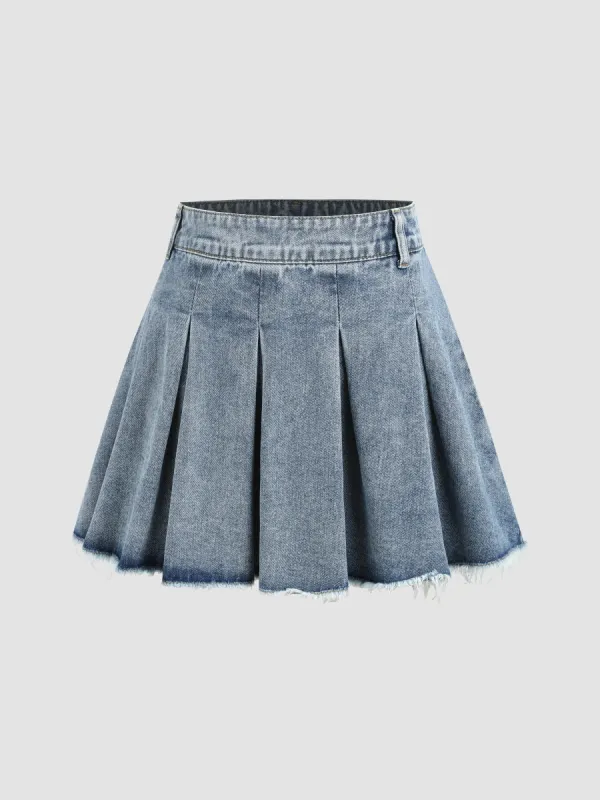 Denim High Waist Pleated Raw Hem Mini Skirt sold by Cider