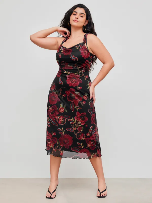 Mesh Square Neck Floral Knotted Midi Dress Curve & Plus sold by Cider