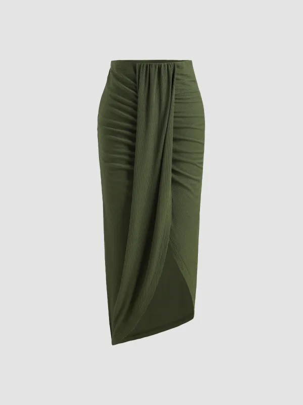 Rib Solid Ruched Slit Midi Skirt sold by Cider