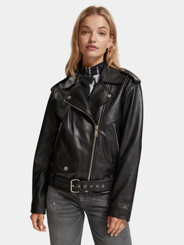 Oversized leather biker jacket sold by Scotch and Soda