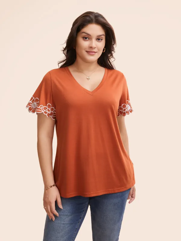 V Neck Floral Embroidered T-shirt sold by Bloomchic