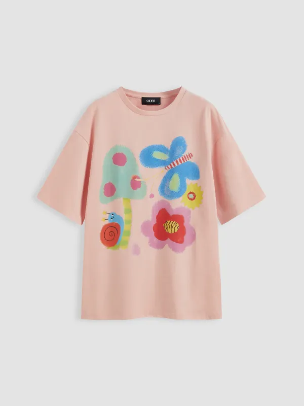 Round Neckline Butterfly & Flower Graphic Oversized Tee sold by Cider