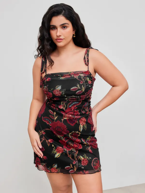 Mesh Floral Ruched Knotted Mini Dress Curve & Plus sold by Cider