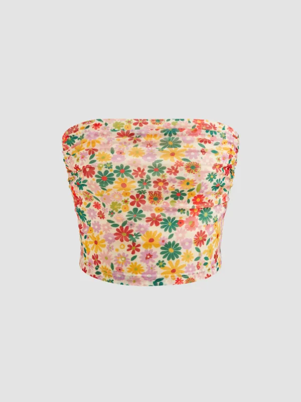 Mesh Floral Ruched Crop Tube Top sold by Cider