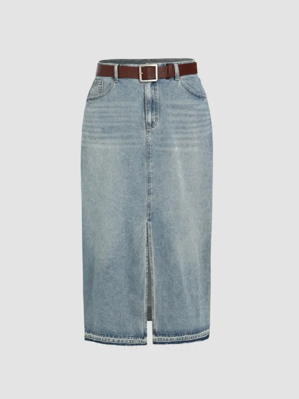 Split Denim Maxi Skirt With Belt Curve & Plus sold by Cider