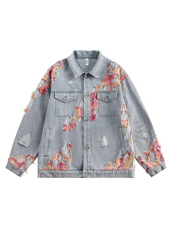 Thesupermade American Street Style Lace Patchwork Denim Jacket sold by Thesupermade