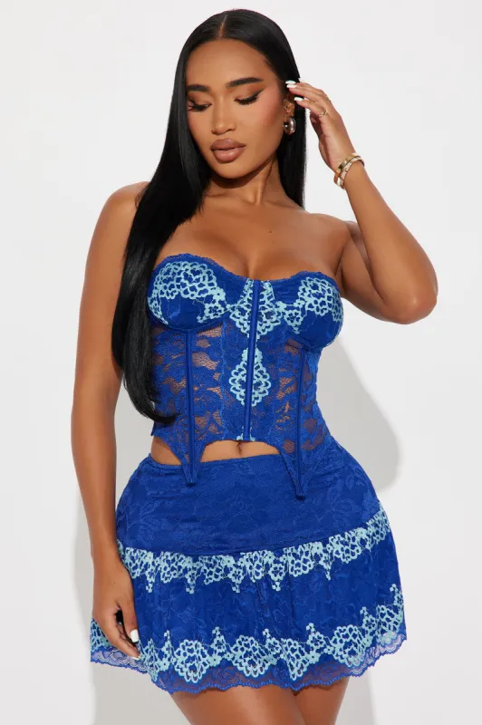 Klarissa Lace Corset Skirt Set - Blue/combo sold by Fashion Nova