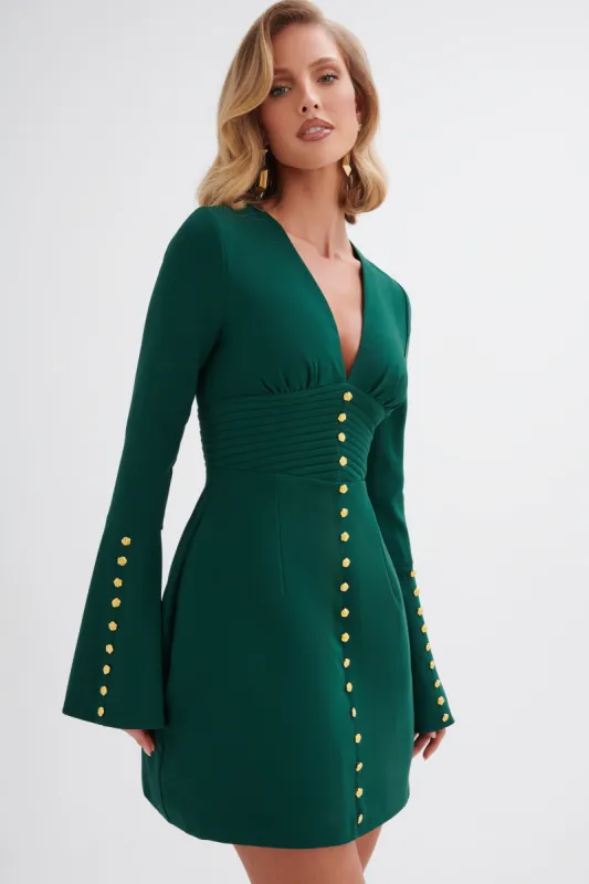 LARA Fluted Sleeve Rose Button Mini Dress in Emerald Green sold by Lavish Alice