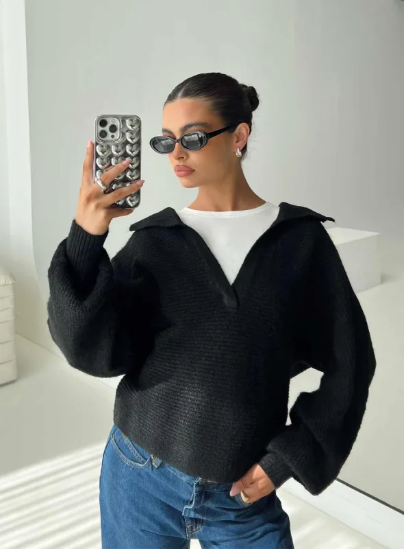 Bella Notched Neck Sweater Black sold by Princess Polly