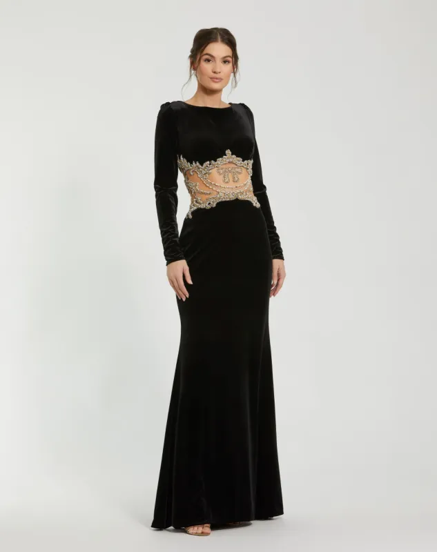 Black Long Draped Sleeve Sheer Embellished Detail Gown sold by Mac Duggal