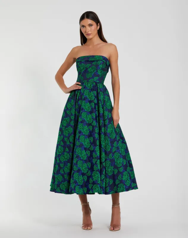 Blue and Green Brocade Strapless A Line Midi Dress | Parallel