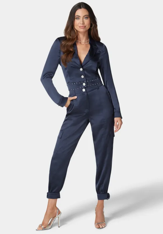 Natural Waist Stud Detail Satin Jogger Pant sold by Bebe