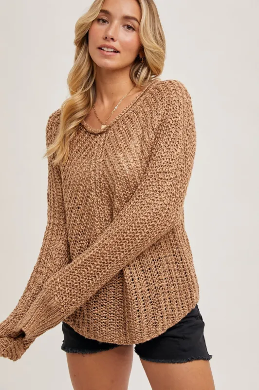 Mocha Raglan Cut Open Knit Sweater Pullover sold by Pinkblush