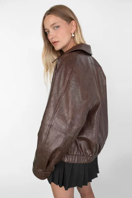 DISTRESSED VEGAN LEATHER BOMBER JACKET sold by OAK AND FORT