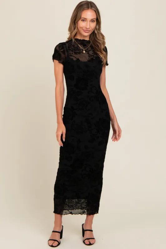 Black Floral Mesh Overlay Fitted Maxi Dress sold by Pinkblush