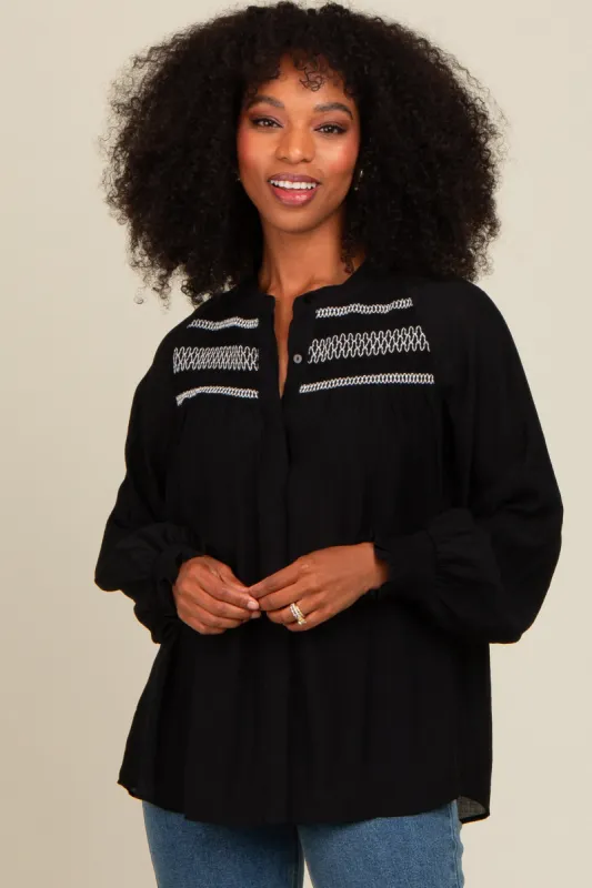 Black Embroidered Smocked Blouse sold by Pinkblush