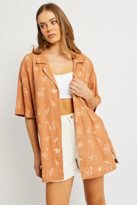 Brown Abstract Relaxed Shirt Short Sleeve sold by Ally Fashion