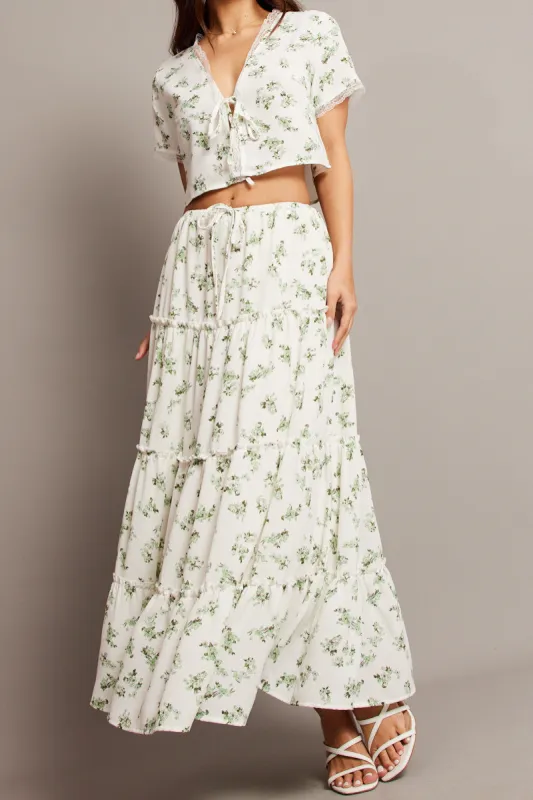 Green Floral Maxi Skirt Tiered High Rise Elastic Waistband sold by Ally Fashion