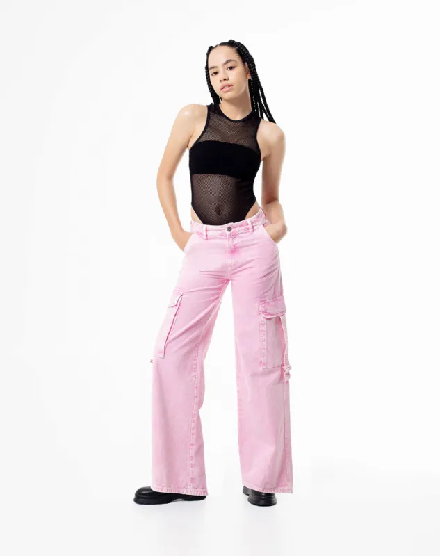 Jean loose fit tiro alto en drill rosado sold by Gef