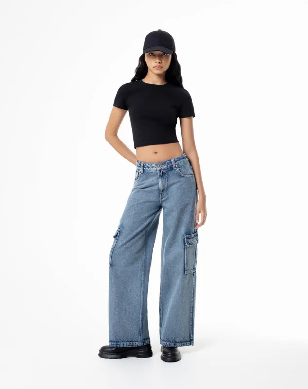 Jean wide leg tiro medio bolsillos tipo cargo azul oscuro para mujer sold by Gef