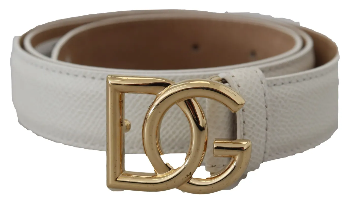 White Leather Gold DG Logo Buckle Belt Women sold by Louxly