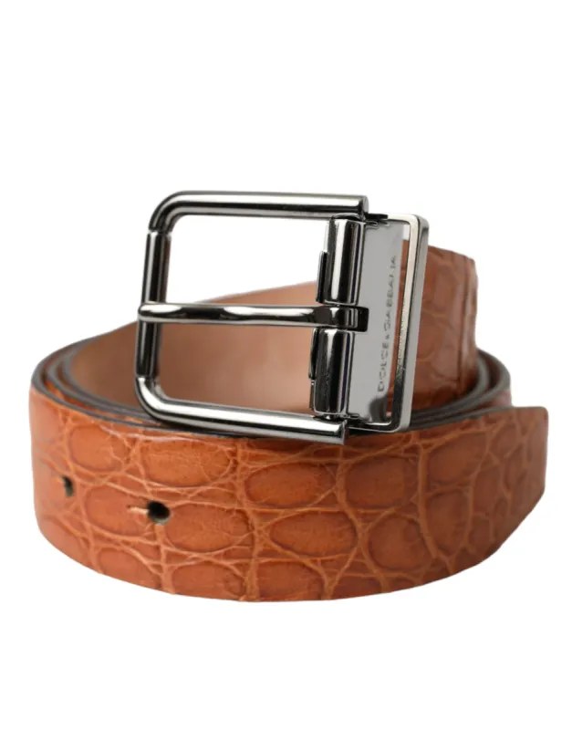 Brown Exotic Leather Silver Metal Buckle Belt sold by Louxly