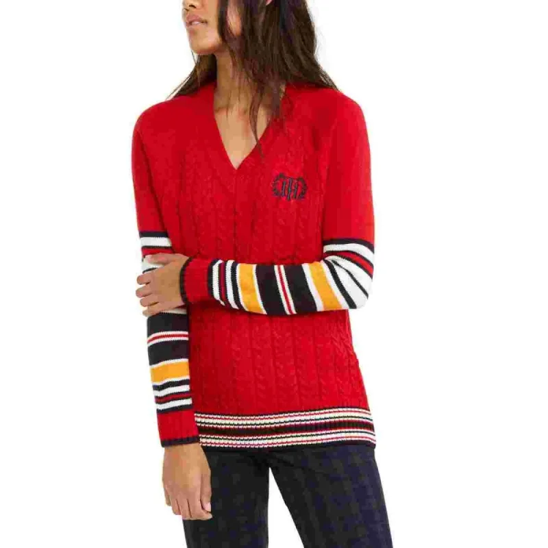 Tommy Hilfiger Women's Varsity Stripe Cable Knit Sweater Red Size X-Large sold by Zulily