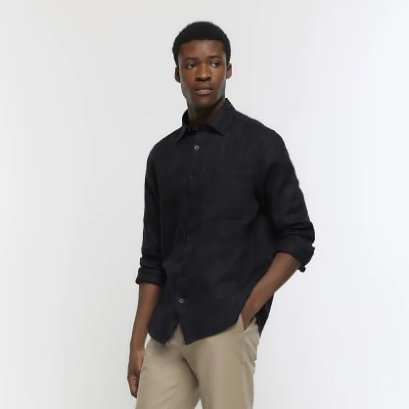 Black regular fit linen shirt sold by River Island