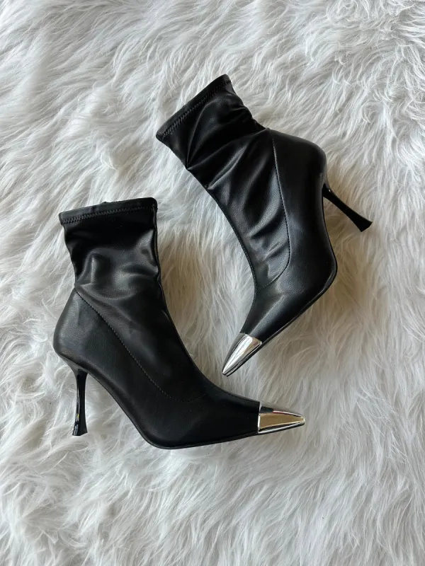 The Bridget Silver Toe Bootie in Black sold by Glitzy Bella