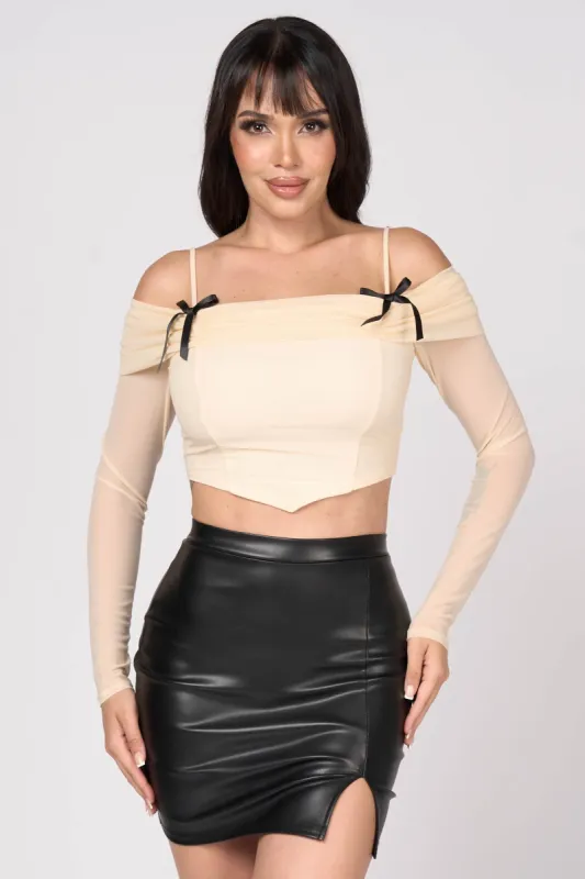 LUXE BOWS DETAIL OFF SHOULDER MESH CROPPED TOP sold by privy