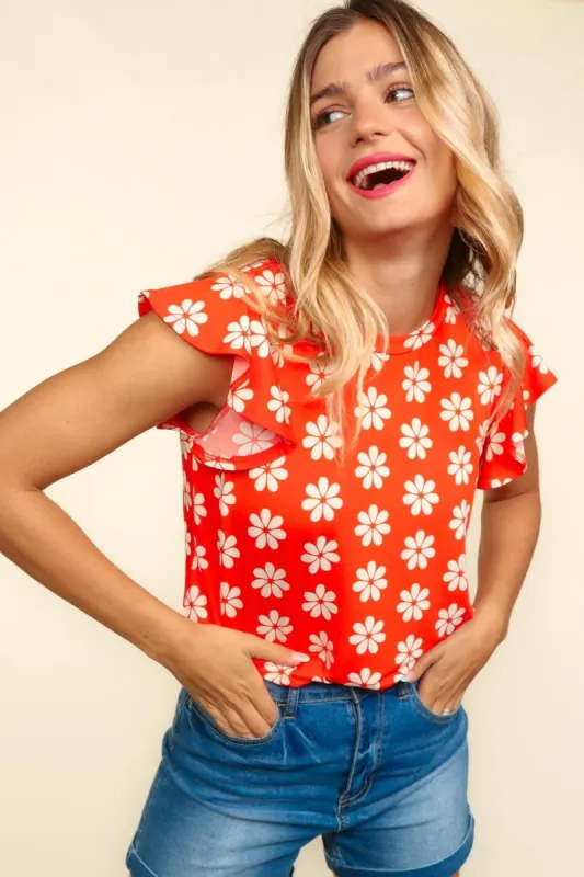 Haptics Round Neck Ruffled Floral Contrast Knit Top sold by Charming Charlie