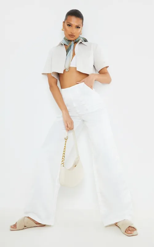 White Satin High Waisted Trousers sold by Pretty Little Thing