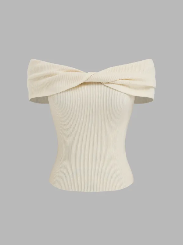 Knit Off-shoulder Twist Short Sleeve Top sold by Cider