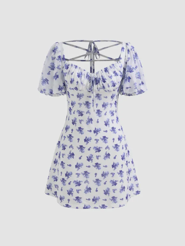Mesh Square Neck Floral Criss Cross Mini Dress sold by Cider