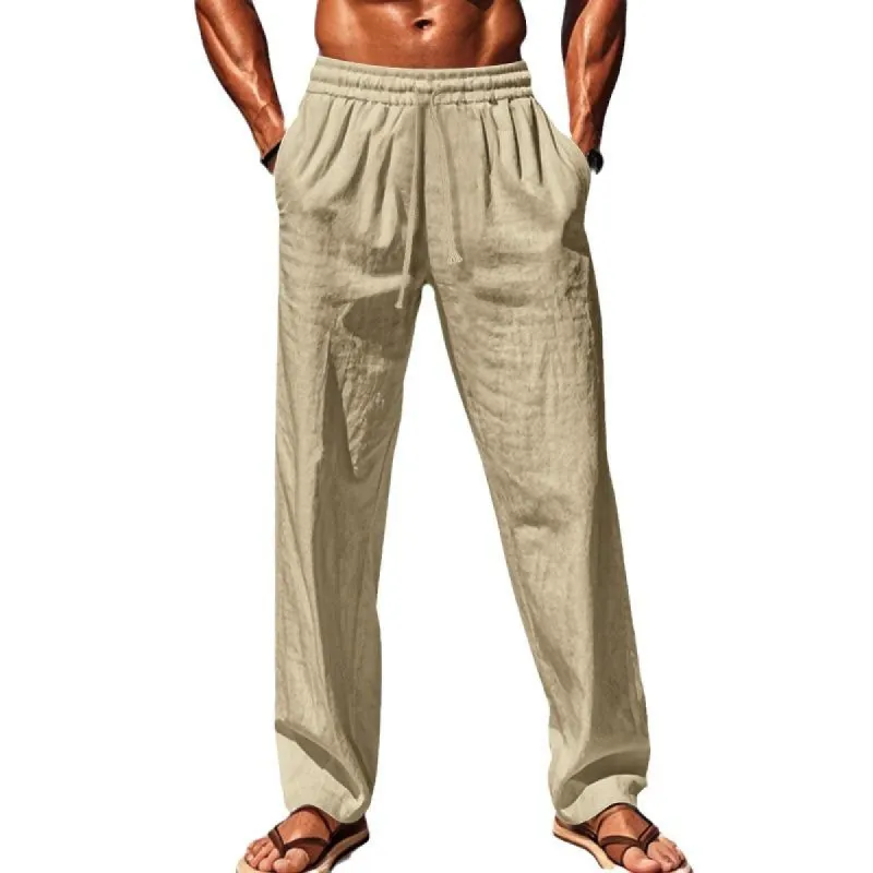 Men's Solid Cotton And Linen Elastic Waist Casual Pants 80113893Z sold by Manly